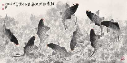 陈永锵 己卯（1999年）作 九鲤图 镜心
